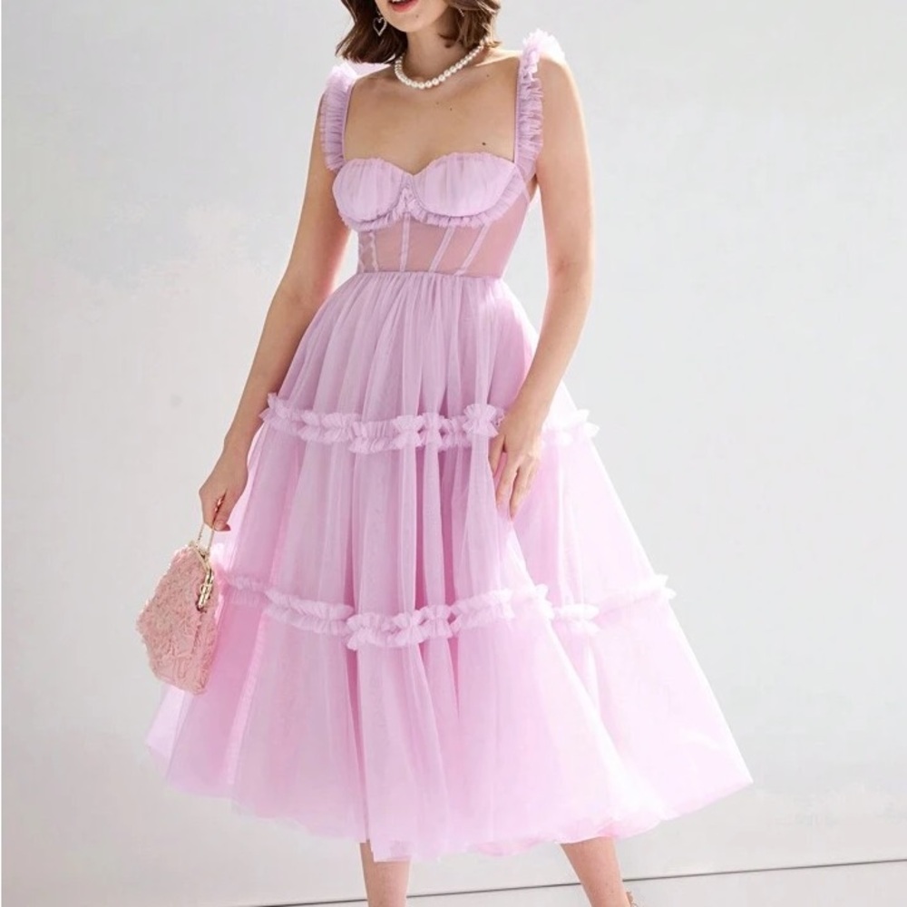 SHEIN Light Pink Ruffle Midi Dress